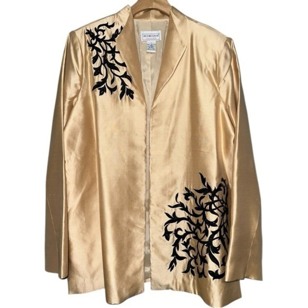 Victor Costa Women’s Size L Gold Silk Black Floral Beaded Dress Blazer Jacket